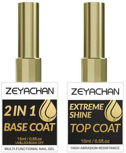 ZEYACHAN 2 x 15ML Base Coat und No Wipe Top Coat Set, Base Coat Top Coat UV Nagellack Transparent, Soak-Off UV/LED, Langfristig und nachhaltig -Qualität des Salons -Für Anfänger