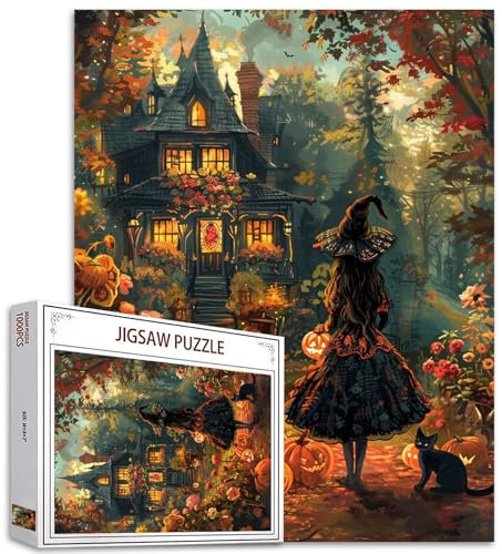1000-Piece Halloween Dress Witch Puzzle - Adults, Black Cat Puzzle - Fall Pumpkin Garden