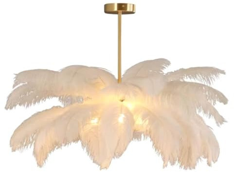 GUANSHAN Suspension en plumes d'autruche blanches Plafonnier en plumes Abat-jour en plumes Lustre Lampe suspendue en plumes Plafonnier Luminaire de plafond pour chambre à coucher, salon