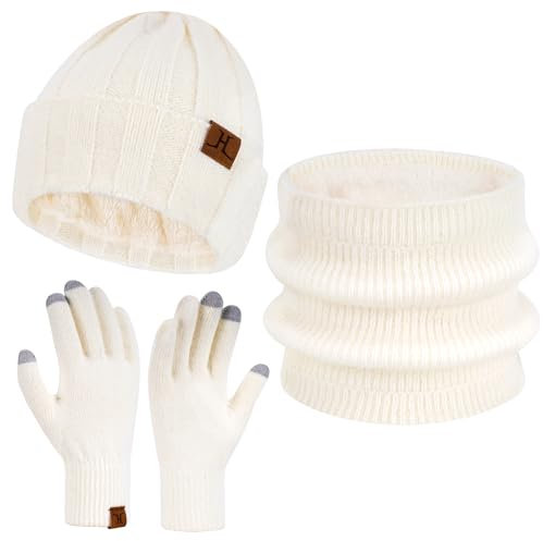ZASFOU Damen Winter Mütze Schal Touchscreen Handschuhe Set Kunst Nerz Samt Strickmütze Beanie Thermo Wintermütze Schals Winterschal Winterhandschuhe Geschenk für Frauen