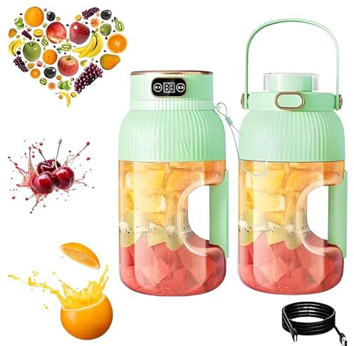 Yulyoie - Exprimidor portátil multifuncional con pantalla digital, 2024 nuevo exprimidor portátil multifuncional, licuadora portátil recargable por USB, licuadora de jugo (verde, tazas dobles y tapas)