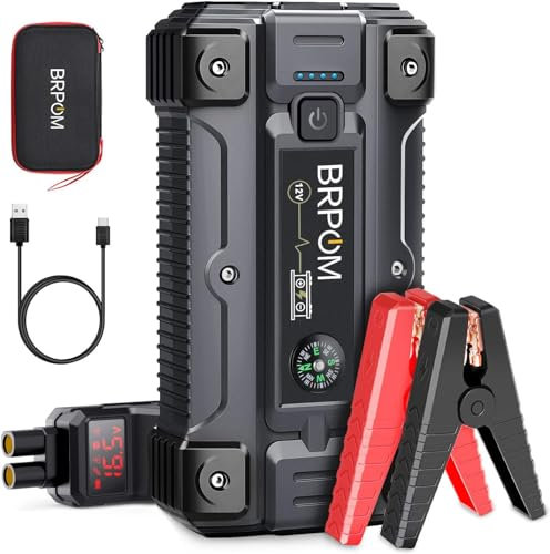 BRPOM Starthilfe Powerbank 5000A 12V (bis zu Allen Benzin und 8.5L Diesel) Auto Starthilfe mit LED-Taschenlampe, großen Bildschirm, Jumper Bildschirm, Autobatterie Booster für SUV Motorrad Rasenmäher