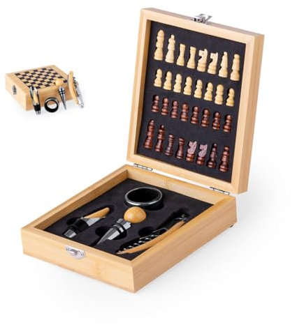 BrandPrint, Scacchiera e Set Vino. Include: Scacchi, cavatappi, apribottiglia con Taglia/Apri Capsula; Tappo, Decanter e contagocce. Idea Regalo. Natale. Personalizzabile. (Nome o Frase).