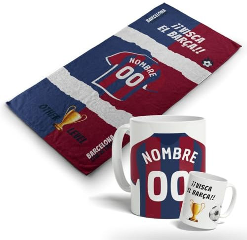 Pack Taza del Barcelona y Toalla del Barcelona Personalizadas con nombre y equipo de fútbol. Regalo Original para Aficionados del Fútbol. Equipaciones de fútbol. (Barcelona, 70x140)