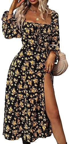 Women's Floral Print Puff Long Sleeve Maxi Dress Sexy Square Neck Tie Front Ruffle Hem Split A-line Beach Dresses (Gold, XL)