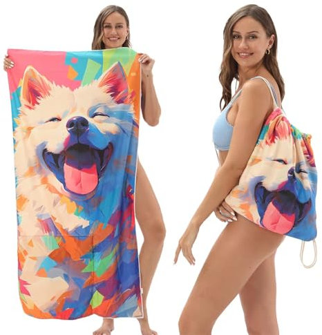 2-in-1 Strandtuch-Rucksack mit Hundemotiv, Strandtücher Mikrofaser,70 x 140 cm, Bunt