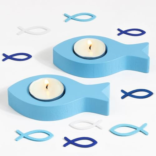BOFUNX 2er Set Teelichthalter Fisch aus Holz für Kerzen mit Durchmesser 4cm Blau Fische Kerzenhalter mit 30pcs Holzfische Streudeko Geschenk für Mädchen Junge Taufe Kommunion Konfirmation Tischdeko