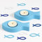 BOFUNX 2er Set Teelichthalter Fisch aus Holz für Kerzen mit Durchmesser 4cm Blau Fische Kerzenhalter mit 30pcs Holzfische Streudeko Geschenk für Mädchen Junge Taufe Kommunion Konfirmation Tischdeko