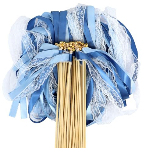 30 Stück Wedding Wands mit 2 Glocke und Hochzeitsbändern Blau Hochzeitsstäbe Hochzeit, Zauberstäbe Hochzeit Luftschlangen mit Holzstäbchen Glücksstäbe für Hochzeiten, Geburtstage, Feiertagsfeiern