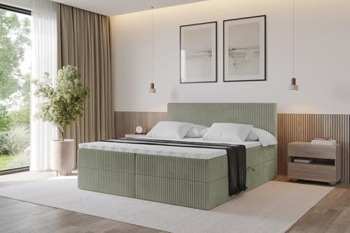 ALTDECOR Boxspringbett mit Matratze und Lattenrost, Topper, Polsterbett mit Bettkasten, Bett mit Stauraum H4-Matratze, Doppelbett, Boxbett - TOLO 120x200 Cord - Olive