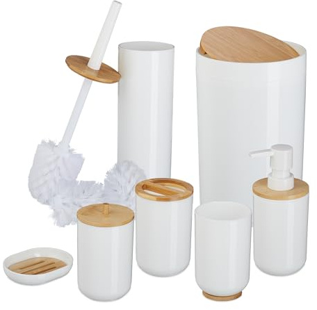 Relaxdays Bathroom Accessories Set, 7-Piece, Plastic & Bamboo, Toilet Brush & Bin, Soap Dispenser, Holder, White
