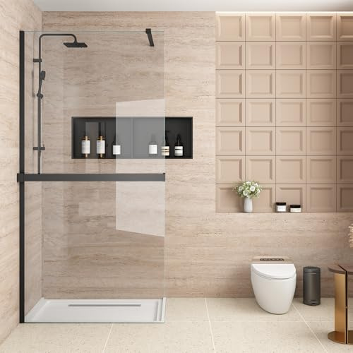 Bathlink Duschwand für Dusche mit Ablage, Schwarz, 90 x 200 cm | 8 mm ESG-Sicherheitsglas, Integrierte Ablage mit Handtuchhalter, Stabilisierungsstange, Nano-Beschichtung