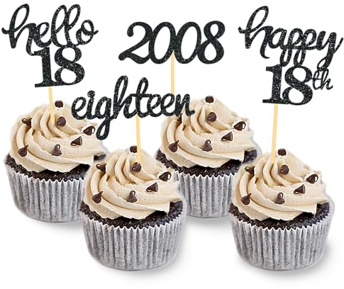 24 Stück 18. Geburtstag Cupcake Topper 18 von 2008 für 18. Geburtstag Junge | Schwarz Geburtstagsdeko 18, Glitzer 18 Geburtstagsfeier Zubehör Party Dekoration Kuchendekoration