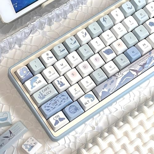COOMICKEY Blue White PBT Keycaps-Ocean Theme Keycaps 60 75 100 Percent, Cute Key caps Custom 118 Keys, Cherry Profile for 61/68/84/87/98/100 Cherry Gateron MX Mechanical Gaming Keyboards
