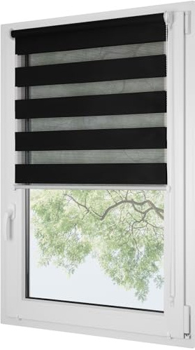 RENA Rollos Für Fenster Ohne Bohren - Tag und Nacht - Doppelrollo mit Haken - Einsatzbereit - Fensterrollo - Weiße Kette Verstellbar - 115 x 130 cm Schwarz