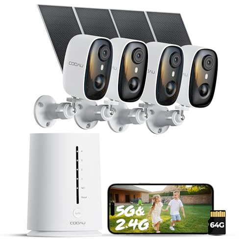 COOAU 4MP Camera surveillance wifi exterieure sans fil solaire, Stockage Local 64 Go, Kit 4 Caméras avec Base, sans Frais mensuels, Vision Nocturne Couleur, WiFi 2.4/5GHz, intérieur et extérieur, IP66