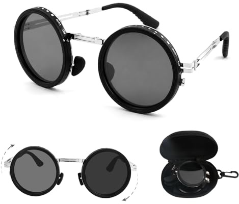 Ecofocet Faltbare Sonnenbrille, Runde Polarisierte Sonnenbrille mit 9-stufigem ND-Filter, UV400, TAC Gläser, Metallrahmen, Metallrahmen Retro Unisex für Herren, Damem, Outdoor, Fahren (Silber)