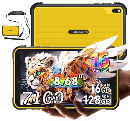 RugKing Pad Pro 4G Tablet Rugerizada Android 16, 16GB+128GB/TF 2TB Rugged Tablet con bandolera, 8,68 pulgadas 90Hz, 7100mAh, 16MP, IP68/IP69K Estanca, 4G Dual SIM/eSIM/WiFi/ GPS/OTG/NFC, Amarillo