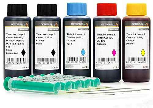 5 x 100ml Nachfülltinten, Druckertinte kompatibel für Canon PGI-520, PGI-525, CLI-521, CLI-526 Druckerpatronen, Canon Pixma IP 3600, IP 4600, IP 4700, IP 4850, IX 6550, MG 5140 u.a. (kein OEM)