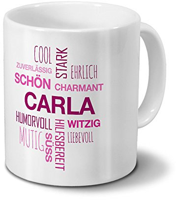 printplanet Tasse mit Namen Carla Positive Eigenschaften Tagcloud - Pink - Namenstasse, Kaffeebecher, Mug, Becher, Kaffeetasse