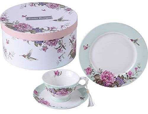 Juego de taza de té con plato y plato de postre de 19 cm, estilo vintage inglés, en porcelana, con motivos de flores, pájaros, mariposas, con caja de regalo., cerámica, Turquesa, 11x8cm