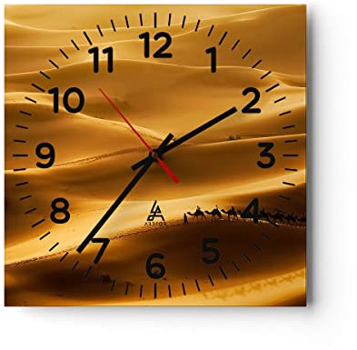 Modern Wanduhr Afrika Sahara Kamel Landschaft 30x30cm Quadrat Klein Wand Uhr Glas Analog Zimmeruhren Küche Büro Wohnzimmer Glasuhr Wall Clock Dekoration Design Wanddekoration Küchenuhr C4AC30x30-0338