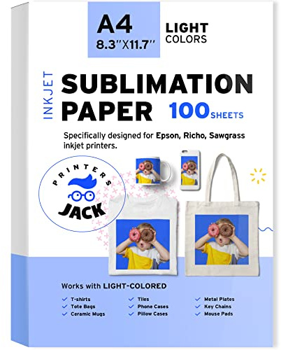 Printers Jack Sublimation Paper - Heat Transfer Paper 100 Sheets 8.3 x 11.7 for Any Epson HP Canon Sawgrass Inkjet Printer with Sublimation Ink for T shirt Mugs DIY