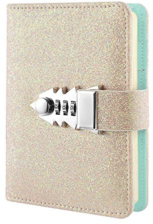 NectaRoy Tagebuch mit Schloss für Erwachsene, Abschließbares Nachfüllbar Tagebuch Zahlenschloss, Liniertes Skizzenbuch mit Pailletten, Größe 185 x 135mm