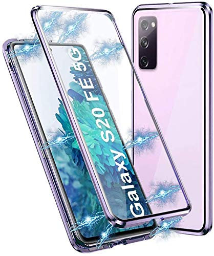 Gypsophilaa Hülle für Samsung Galaxy S20 FE 5G/4G Magnetische Adsorption Tech Handyhülle 360 Grad Schutz Starke Magneten Aluminiumrahmen Gehärtetes Glas Stoßfest Metall Flip Cover Case,Helles Lila