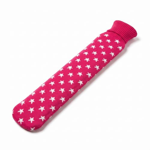 UMOI Wärmflasche lang mit Strickbezug und Sternen – extra lange Schlauch-Wärmflasche 77 cm für Nacken, Schulter und Rücken, 1,8 Liter, Naturgummi (Pink)