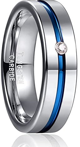 Phyoino Ringe Herren Silber mit Blau Groove und Zirkon Inlay 6mm Wolfram Ring Größe 62(19,7)