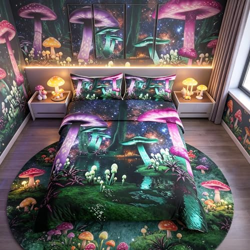 Loussiesd Galaxy Mushroom Bedding Set Purple Green Mushroom Duvet Cover Set for Kids Boys Girls Natural Wild Fungus Comforter Cover Soft Quilt Cover 1 Duvet Cover with 2 Pillowcases Super King