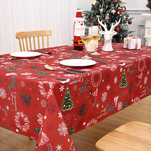 Hapterouse Red Christmas Wipe Clean Tablecloth Waterproof and Oil-Proof Table Cloth Red Christmas Star Pattern Decorations Xmas Extra Large Table Cover,52x90''
