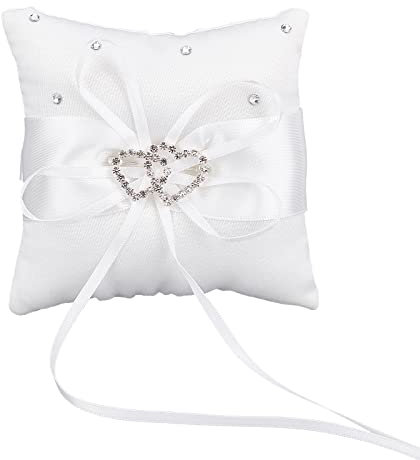 CRASPIRE Wedding Ring Bearer Pillow 10x10cm Ring Cushion Ring Holder Marriage Couple Bowknot White Bow knot with Rhinestone Diamonds Double Hearts for Wedding Propose Bride Engagement Ring Box
