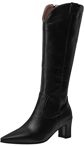 Lroey Reoly Stivali da Donna a Metà Polpaccio con Tacco a Blocco, Stivali da Vestito Tacco Medio Appuntito Boots Zip 045 Nero Numero 45 EU