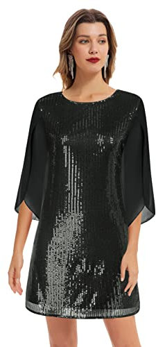 GRACE KARIN Damen Party Cocktailkleid Pailletten Kleid 3/4 Ärmel Club Glitzer Kleid Vintage MidiKleid Festlich Hochzeit Abendkleid M Schwarz-Pailletten CL1812A22-02