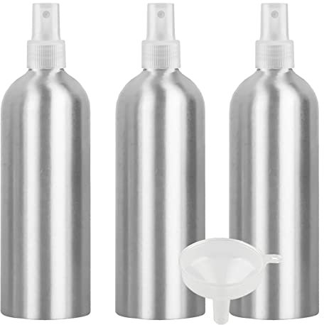 PQPAUTY 3 Piezas Pequeño 500ml botella de spray pulverizador Botella de Aluminio Plata con Bomba en Transparente Niebla Fina Atomizador para Perfume Viaje Artículos de Agua Cosmético, con Embudo