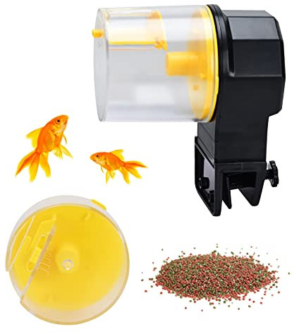 Podazz Automatischer Fischfutterspender 100/210 ml, Fischfutterspender Aquarium Tank Auto Timer mit Zwei Futterboxen für Urlaub, Urlaub, Wochenende (Gelb)