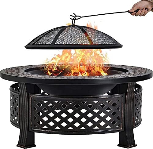 ATAAY Garten-Feuerstelle Outdoor-Feuerstelle, Metall-Feuerschale mit Holzkohlegabel/Kohlegitter/Netzabdeckung, Grill Camping Bonfire Grill Grillständer