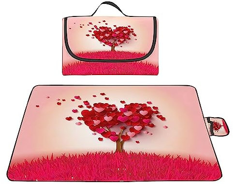 Yoonqun Picknickdecke Wasserdicht 300x200cm,Groß Outdoor Faltbare Picnic Blanket mit Tragegriff,Picnic Decke Waschbar für Camping,Picknick,Wandern,BBQ,Reisen Campingdecke,Rotes Gras Liebesbaum