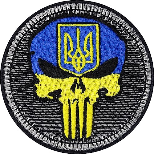 Biker Patches Aufnäher Ukraine Biker Punisher Patch zum aufbügeln/aufnähen | Biker Kutte Applikation für alle Stoffe | Ukraine Flagge Aufbügler Accessoires | 75x75mm