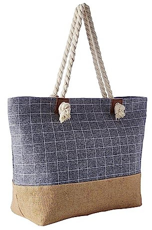 DonDon große Strandtasche XXL mit Reißverschluss - Umhängetasche Damen - große Badetasche für Urlaub vielseitige Shopper Tasche Damen für Strand Urlaub Must Haves Beach bag - Karo blau