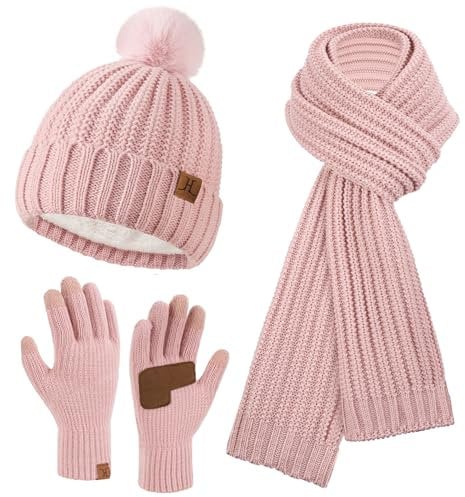 Bequemer Laden Damen Winter Warm Mütze Lang Schal Touchscreen Handschuhe Set, Wintermütze Beanie Strickmütze mit Bommel Schals rutschfeste Winterhandschuhe mit Fleece Gefütterte Geschenk Frauen, Rosa