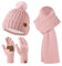 Bequemer Laden Damen Winter Warm Mütze Lang Schal Touchscreen Handschuhe Set, Wintermütze Beanie Strickmütze mit Bommel Schals rutschfeste Winterhandschuhe mit Fleece Gefütterte Geschenk Frauen, Rosa
