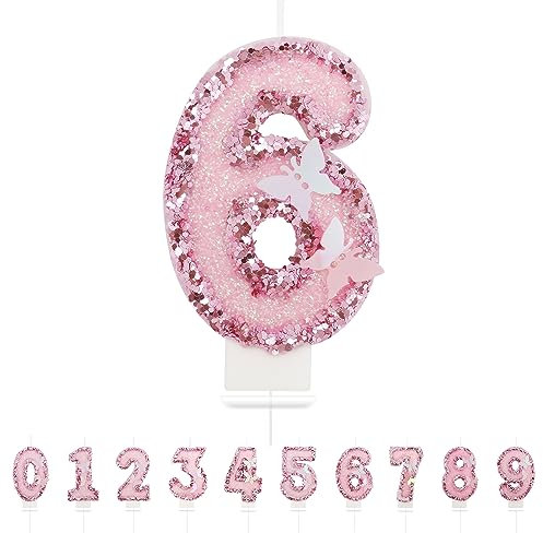 Geburtstagskerzen Zahlen 6,3D Schmetterling Geburtstagskerzen,Rosa Geburtstag Kerzen 6, Kuchen Topper Dekoration Kuchendeko Geburtstag, Geburtstagskerzen für Geburtstagsdeko