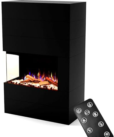 GLOW FIRE Kaminofen Portia linksoffen mit realistischem 3D E-Motion LED-Feuer - Stand-Elektrokamin mit Heizung und Kaminfeuer, Knistereffekt & Timer, max. 1500 W, 140x90x45, Schwarz