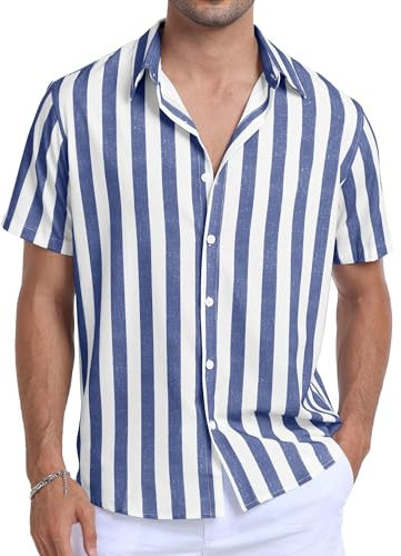 Sailwind Men's Stripes Shirts Short Sleeve Shirt Lightweight Cotton Regular Fit Casual Summer Beach Shirt with Pocket (Navy Blue Stripe, S)