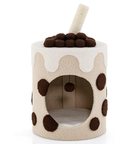 GYMAX Kratzbaum, Kratztonne Milchteeform, Katzenkratzbaum mit Pfosten, Katzenhöhle & perlenförmige baumelnde Kugele, Katzenmöbel zum schlafen, springen & Spielen, 37x37x67cm(Kaffee)