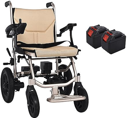 Leichter elektrischer Rollstuhl für behinderte ältere Menschen, in 1 Sekunde zu öffnen/zusammenklappen, faltbare mobile Fußstütze, 360°-Richtungshebel, 2 Stück mobile Lithiumbatterie,Beige-88*45cm