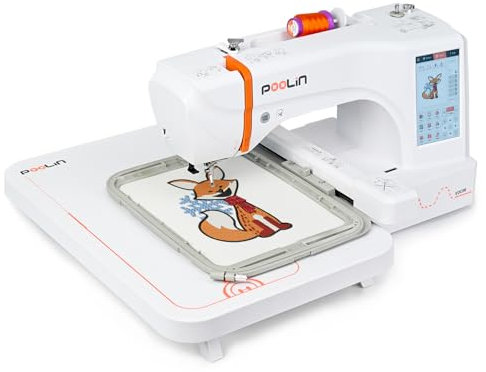 POOLIN EOC06 Stickmaschine 20 x 28 cm Stickfläche, Computergesteuerter 18 cm LCD-Touchscreen, Kann Buchstabenstickerei und Kombinationsstickerei Durchführen, Inklusive Faden, Stabilisator, Spule, USB